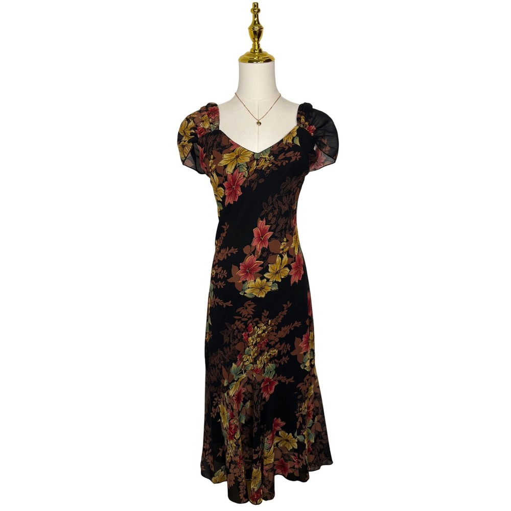 vintage 90s carina black glitter floral flowy midi dress cottagecore fairy boho